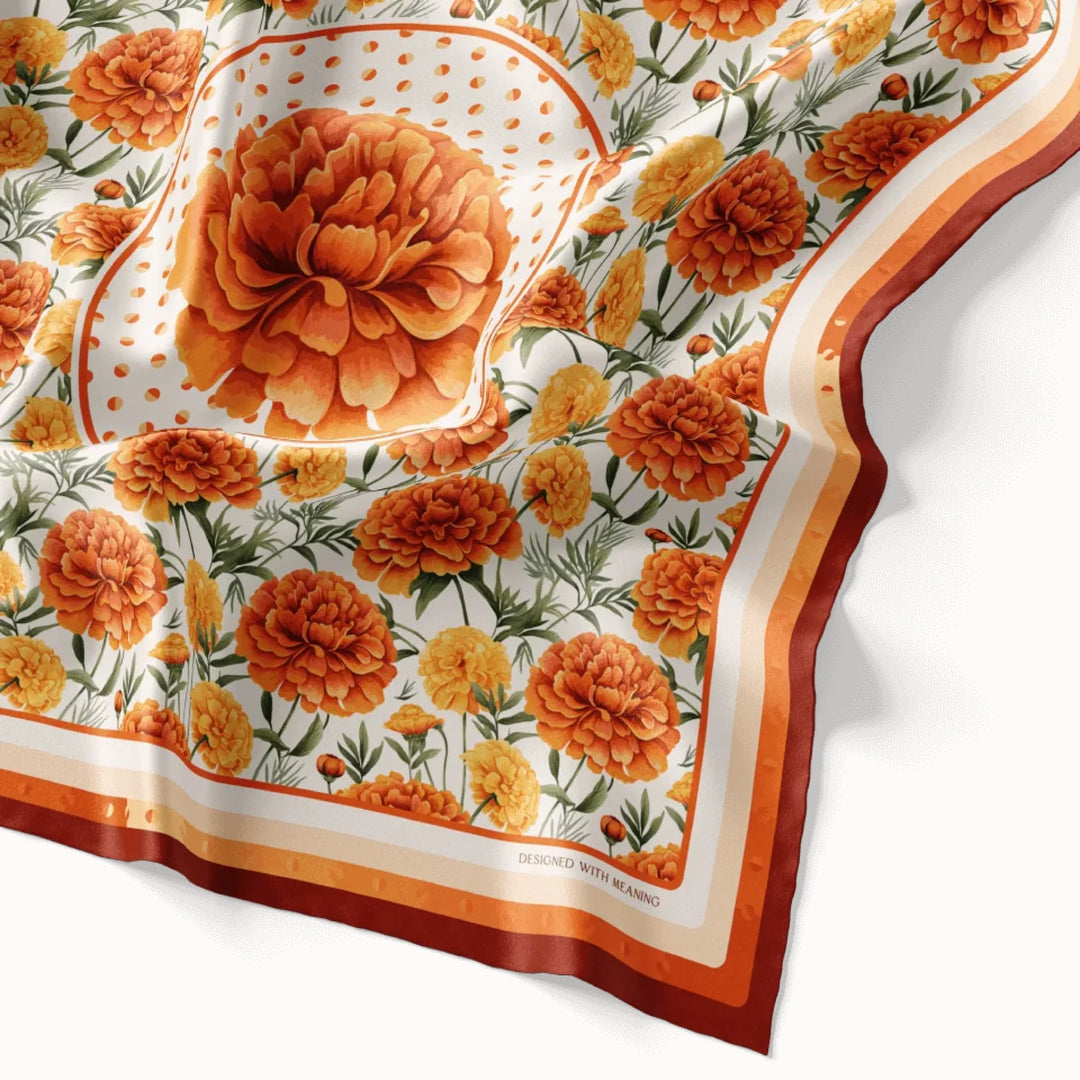 Marigold Flower Silk Scarf 90, Designed With Meaning