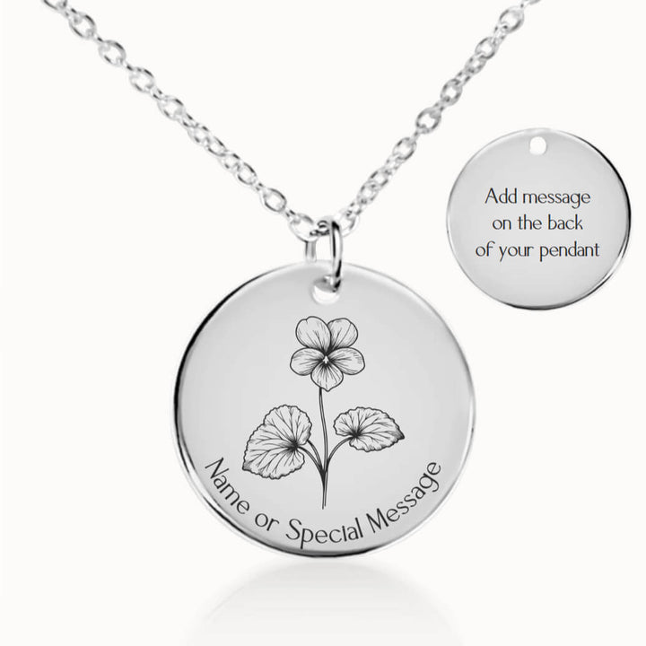 Personalized February Birth Flower Violet Necklace in Silver, Birthday Gift for Her