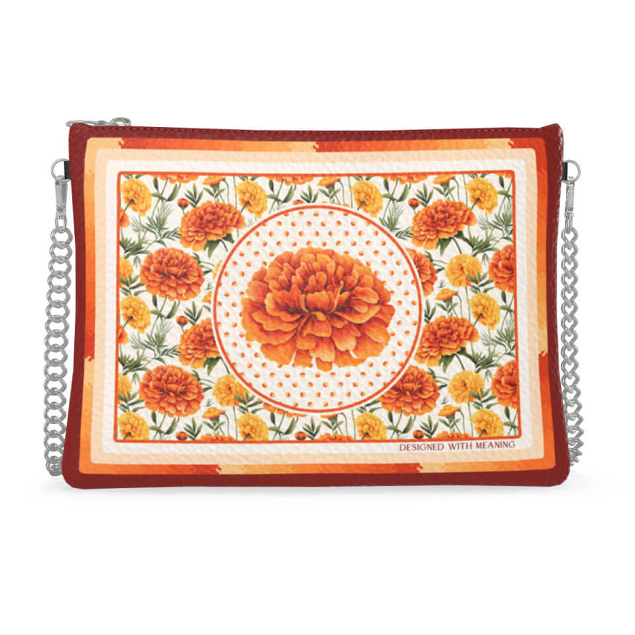 Marigold Flower Zip Crossbody, Leather Handbag, Designed With Meaning