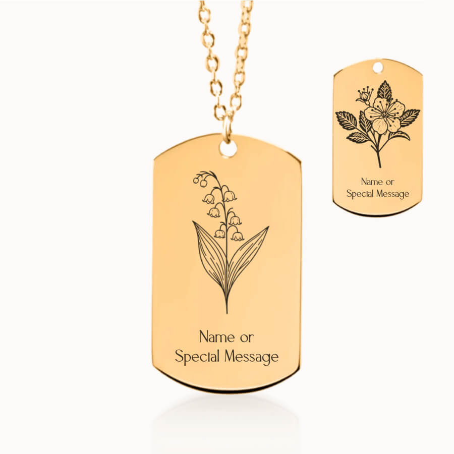 May Birth Month Flower Tag Pendant in Gold, Lily of the Valley and Hawthorn Gift