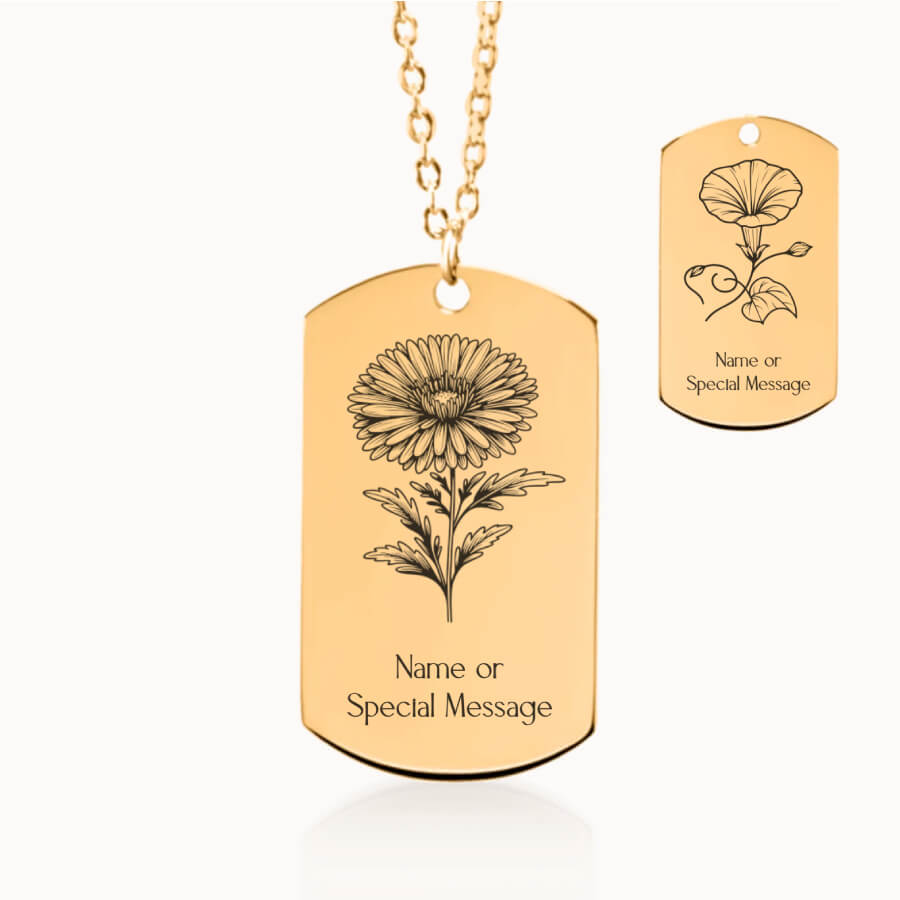 September Birth Month Flower Tag Pendant in Gold, Aster and Morning Glory Gift