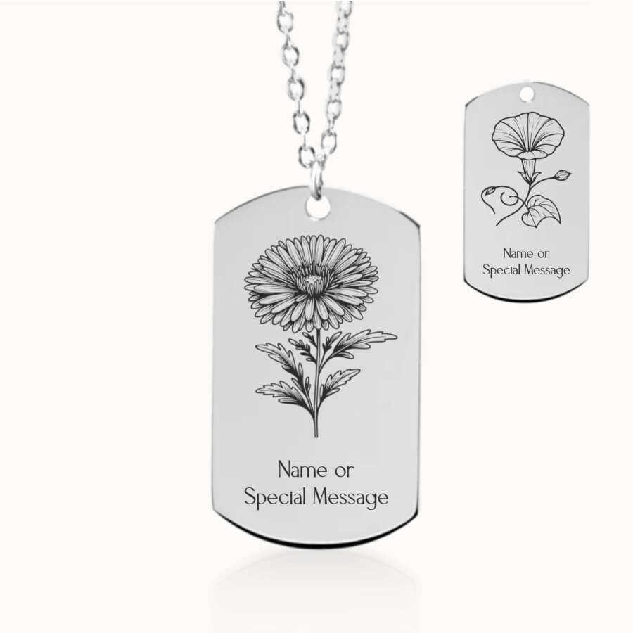 September Birth Month Flower Tag Pendant in Silver, Aster and Morning Glory Gift
